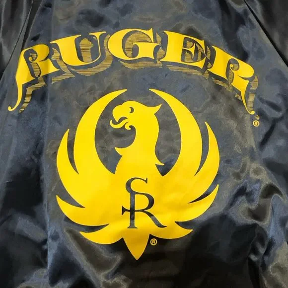 Vintage Ruger Guns Satin Bomber Jacket Mens Size Medium Pla-Jac Dunbrooke Black